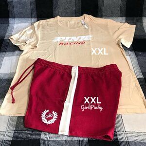 VS PINK IVY FLEECE SHORTS WITH CAMPUS TEE & RACING LOGO SIZE XXL